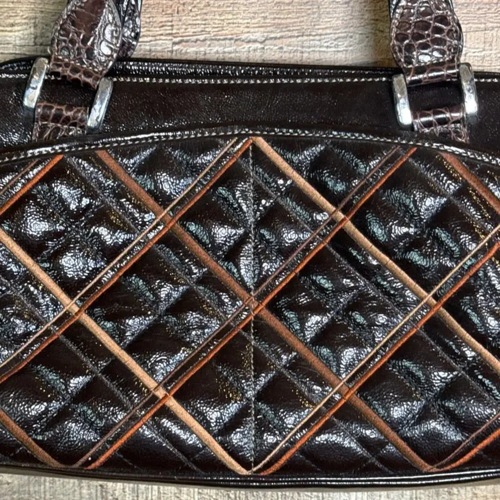 Brighton Maude Satchel Bag Purse Brown Quilted Patent Leather
